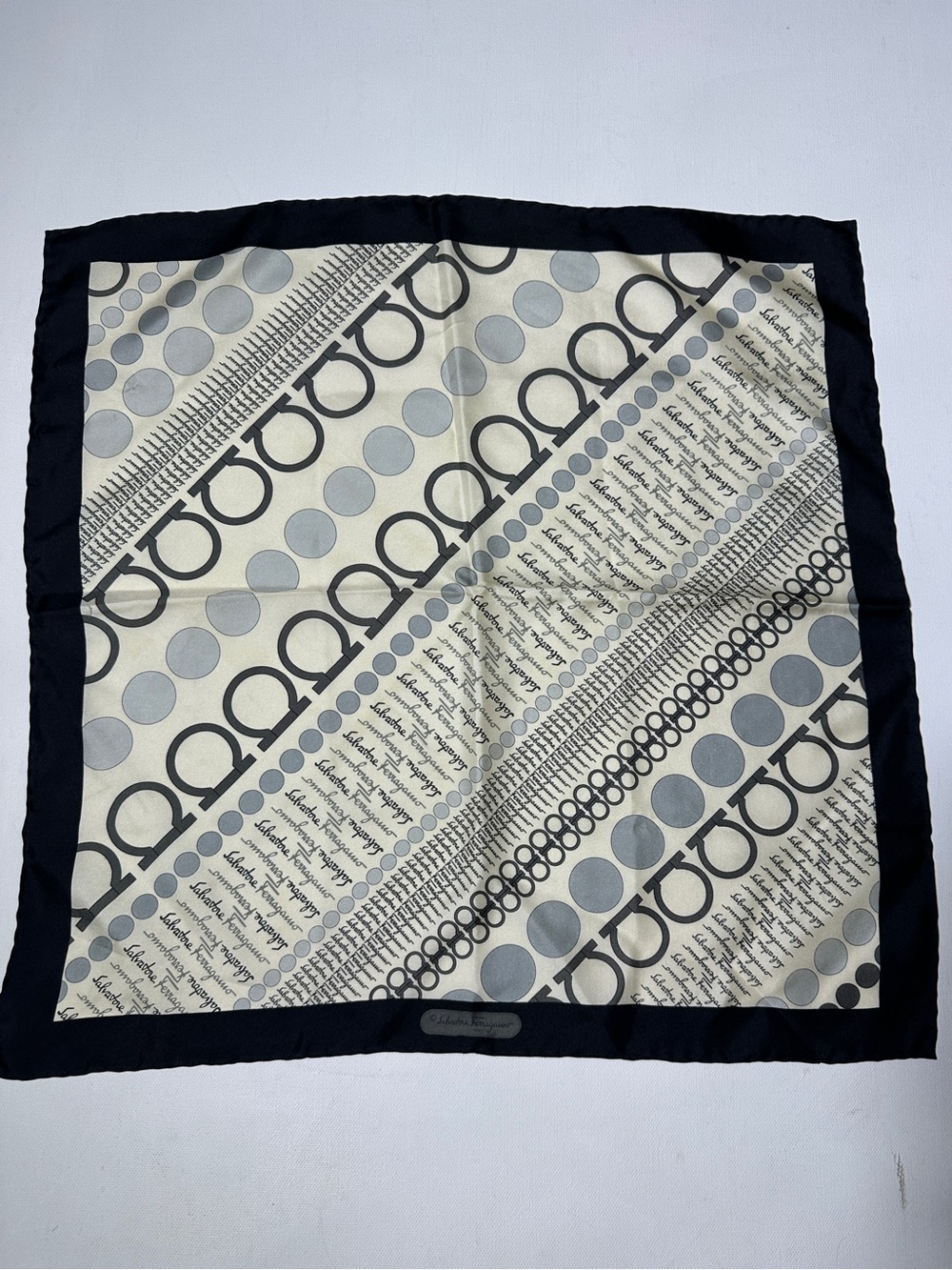 Salvatore Ferragamo Black and Cream Graphic Silk Scarf